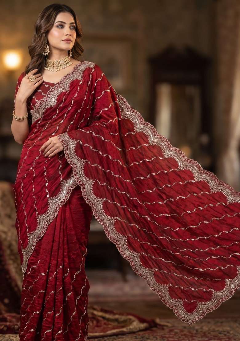 Maroon Embroidered Silk Saree Set - Indya