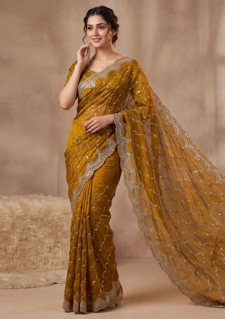 Mustard Embroidered Silk Saree Set - Indya