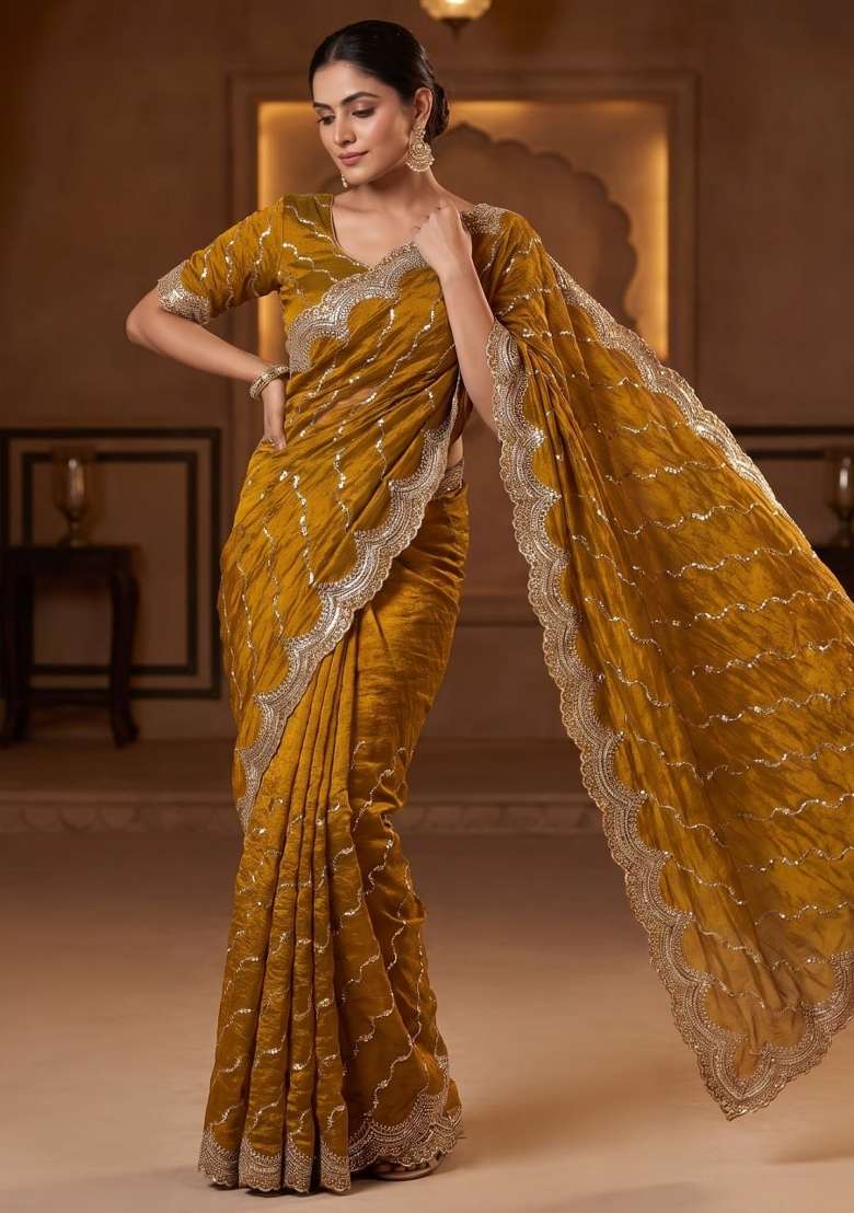 Mustard Embroidered Silk Saree Set - Indya
