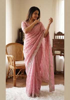Peach Embroidered Silk Saree Set