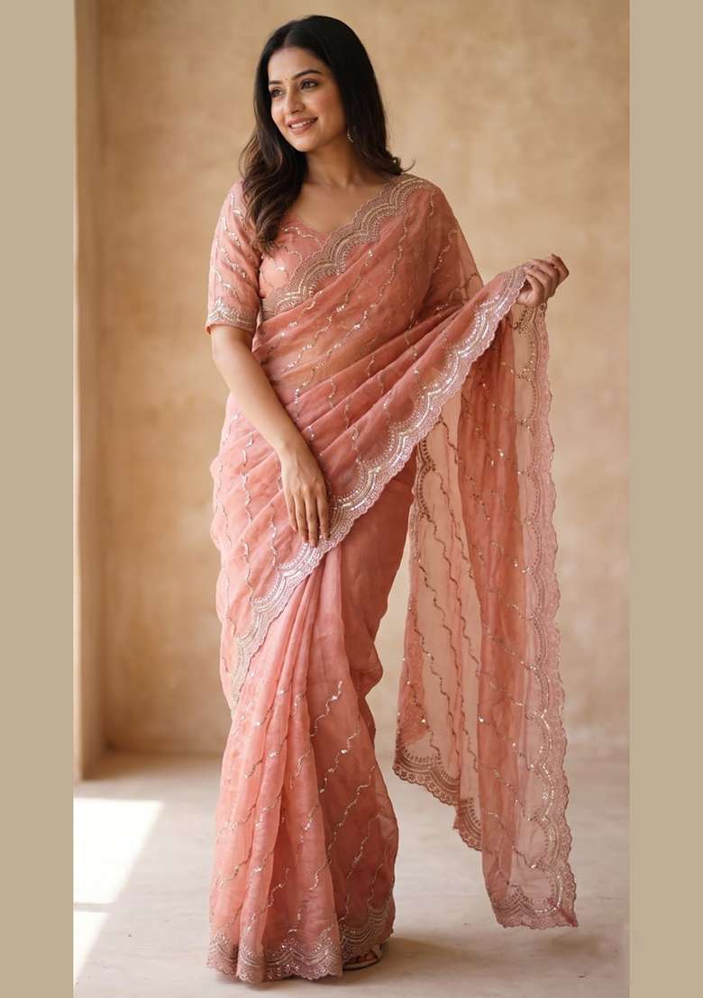 Peach Embroidered Silk Saree Set - Indya