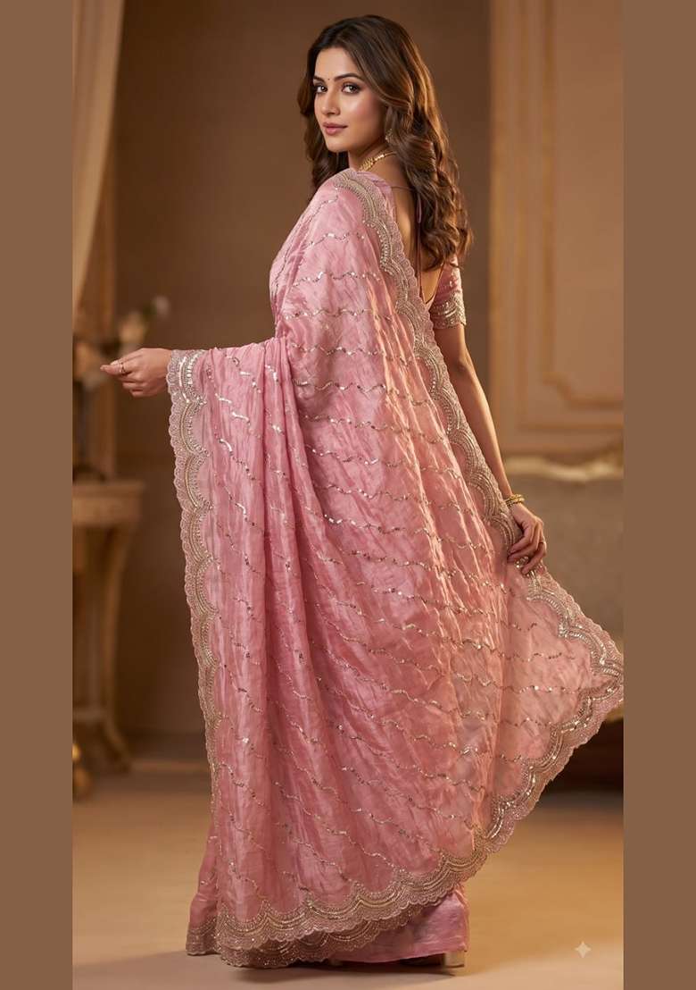 Peach Embroidered Silk Saree Set - Indya