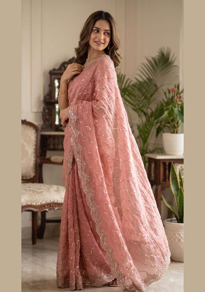 Peach Embroidered Silk Saree Set - Indya
