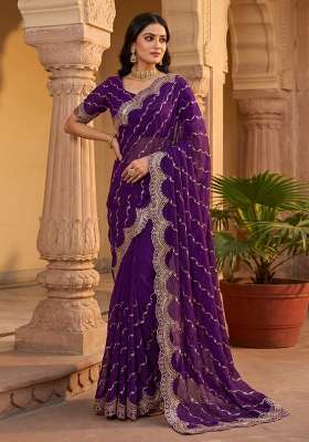 Purple Embroidered Silk Saree Set