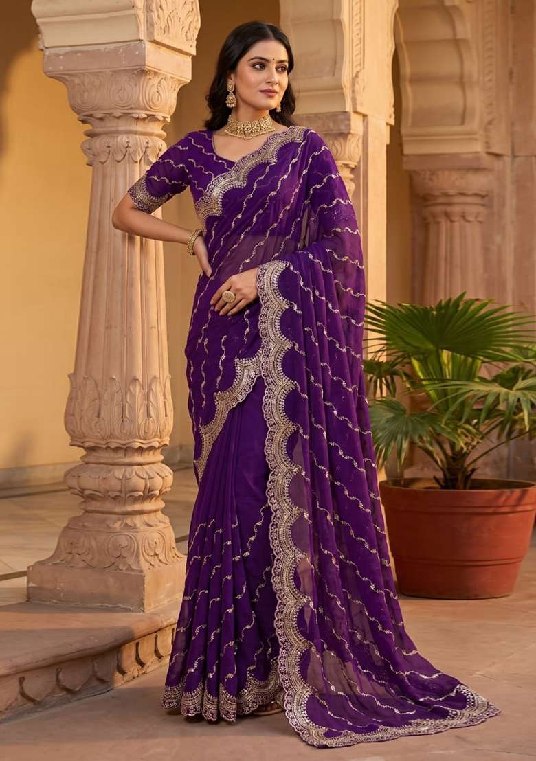 Purple Embroidered Silk Saree Set - Indya