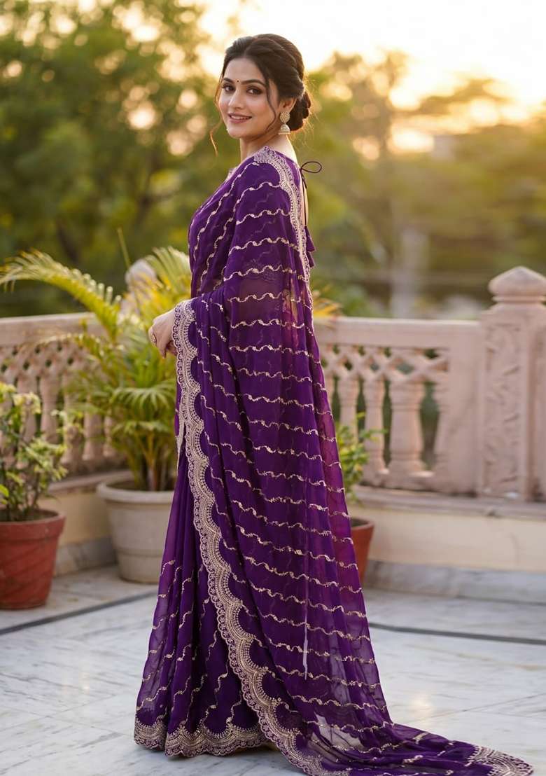 Purple Embroidered Silk Saree Set - Indya