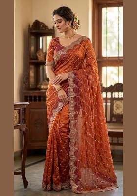 Rust Embroidered Silk Saree Set