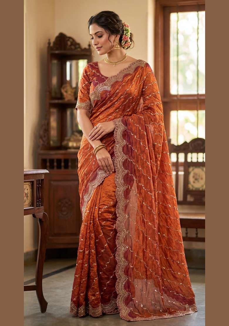 Rust Embroidered Silk Saree Set - Indya