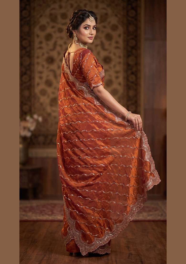 Rust Embroidered Silk Saree Set - Indya