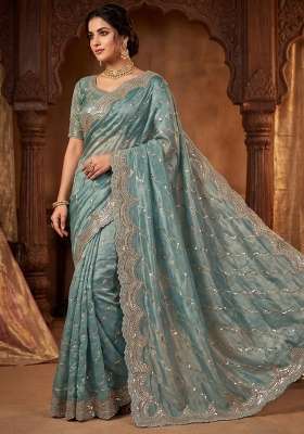 Sky Blue Embroidered Silk Saree Set