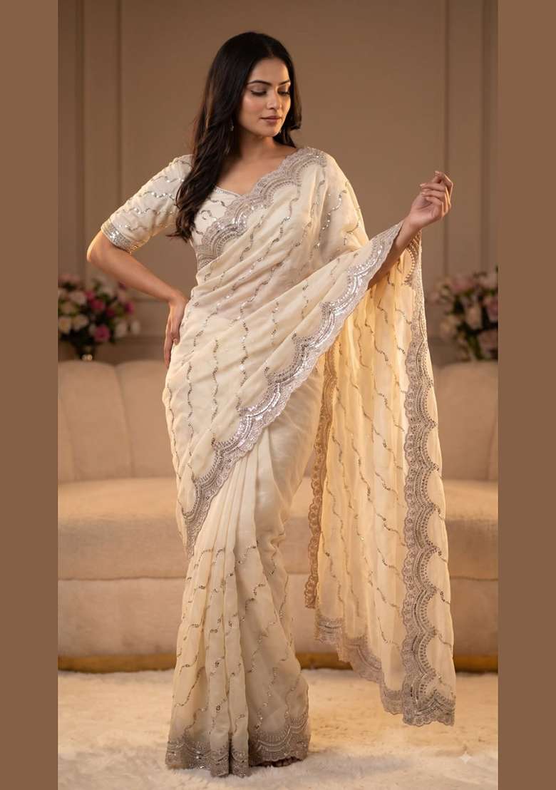 White Embroidered Silk Saree Set - Indya