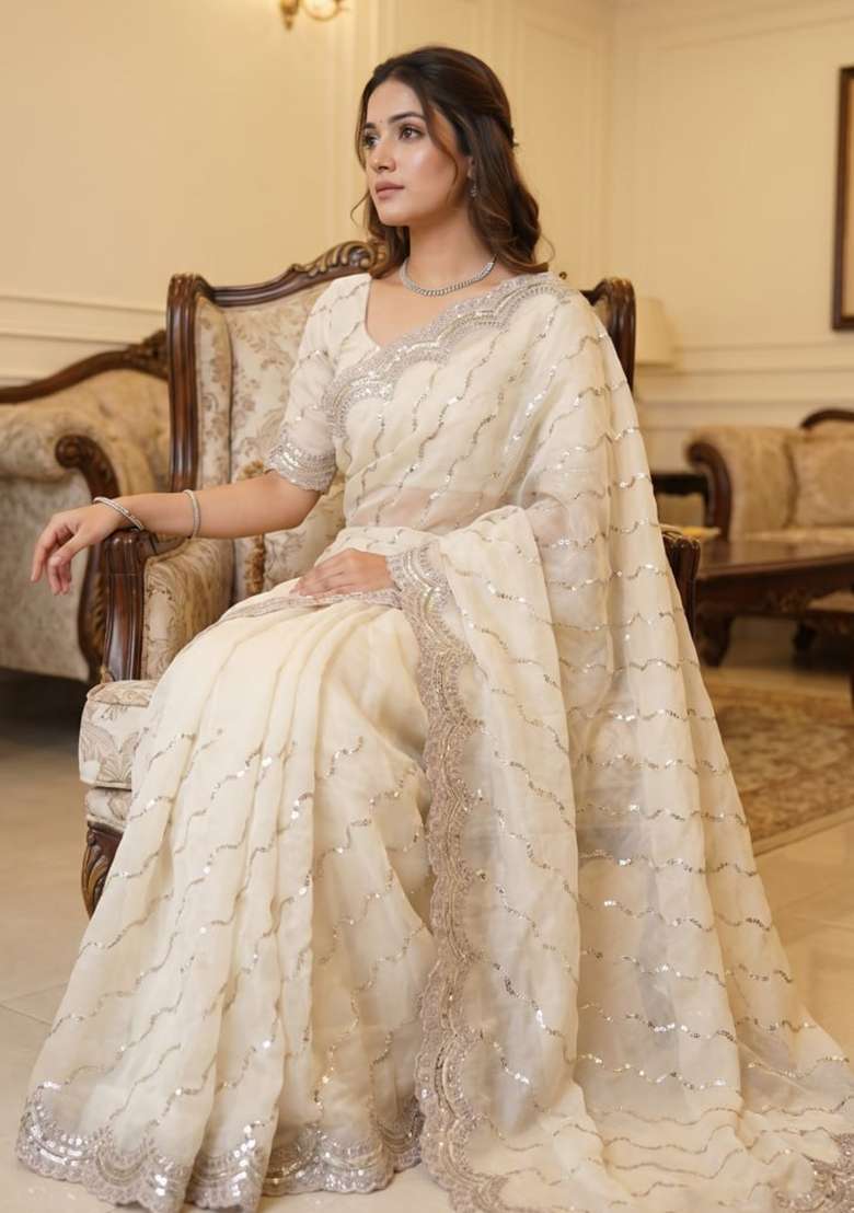 White Embroidered Silk Saree Set - Indya