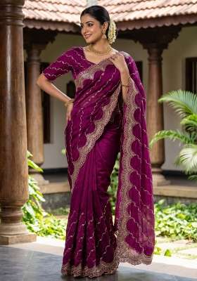 Wine Embroidered Silk Saree Set