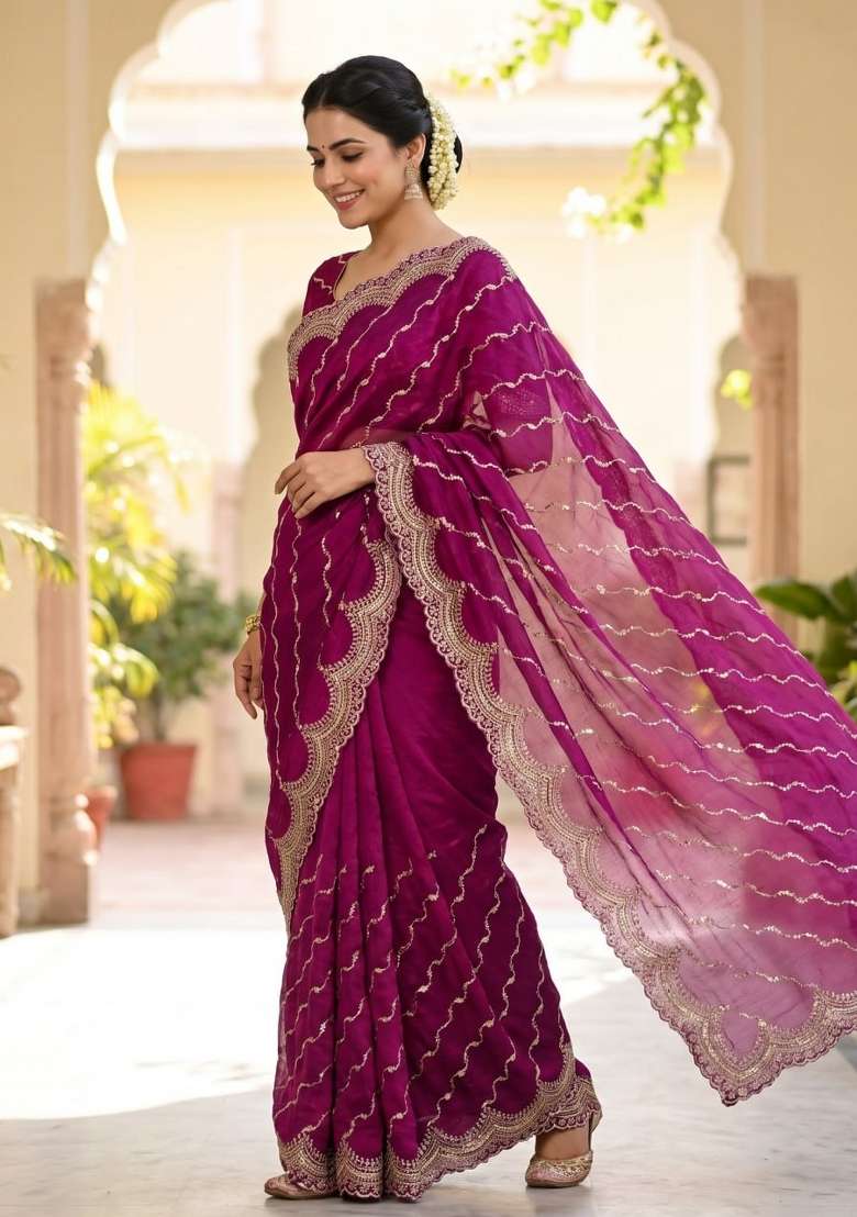 Wine Embroidered Silk Saree Set - Indya