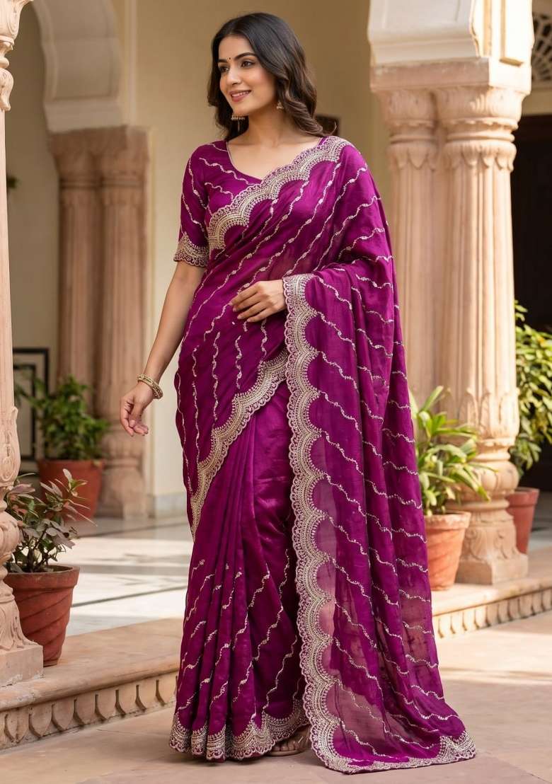 Wine Embroidered Silk Saree Set - Indya