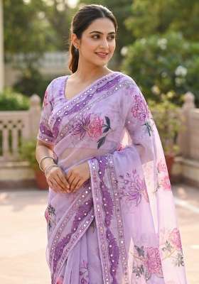 Lavender Embroidered Silk Saree Set