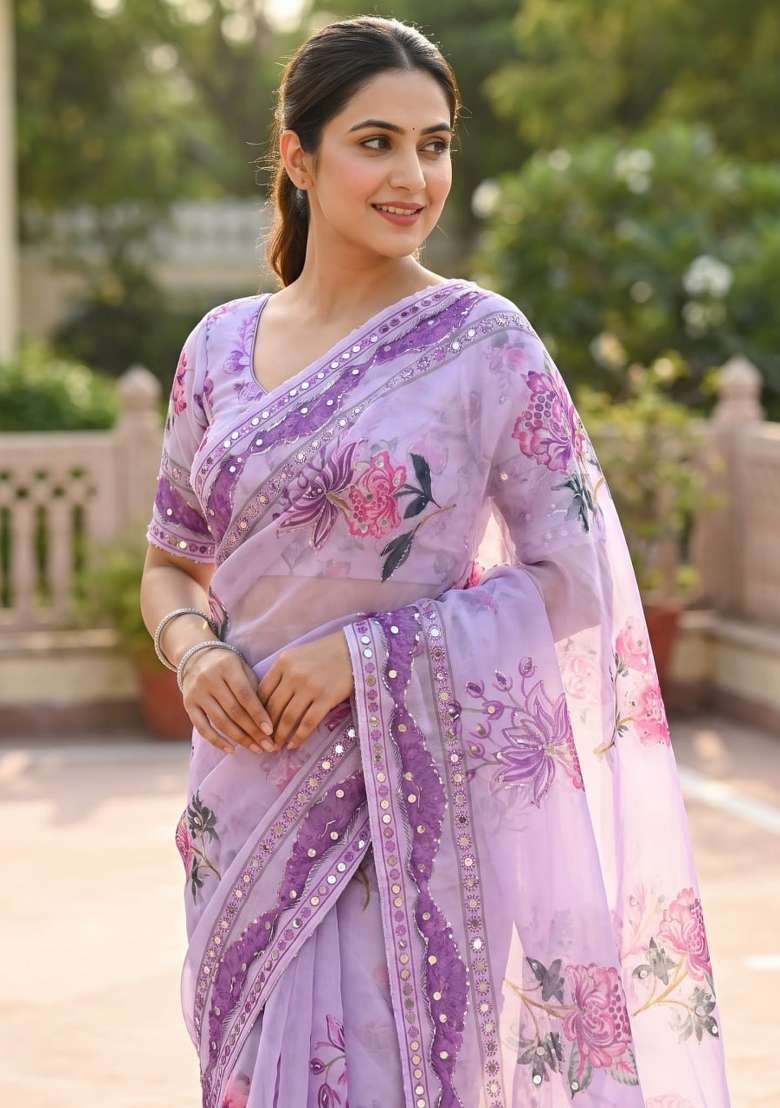 Lavender Embroidered Silk Saree Set - Indya
