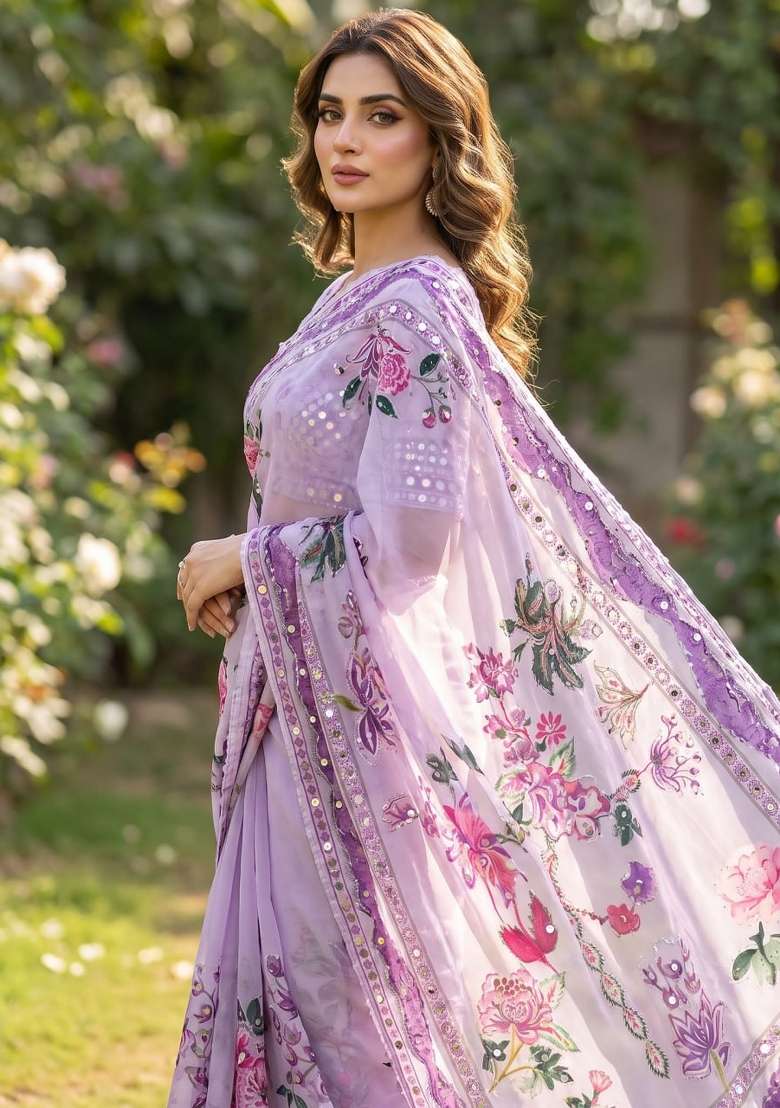 Lavender Embroidered Silk Saree Set - Indya