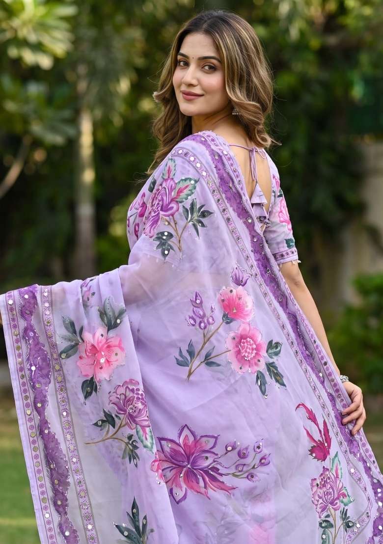 Lavender Embroidered Silk Saree Set - Indya