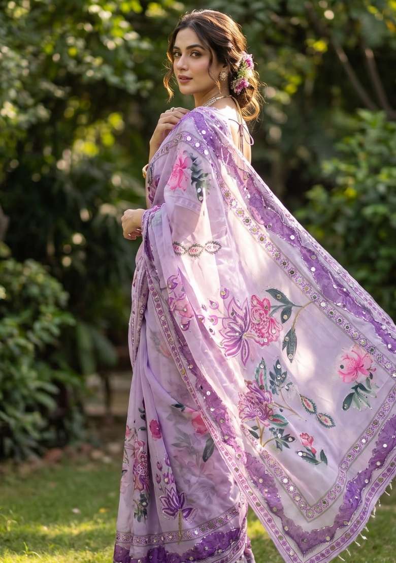 Lavender Embroidered Silk Saree Set - Indya