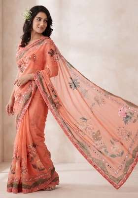 Orange Embroidered Silk Saree Set