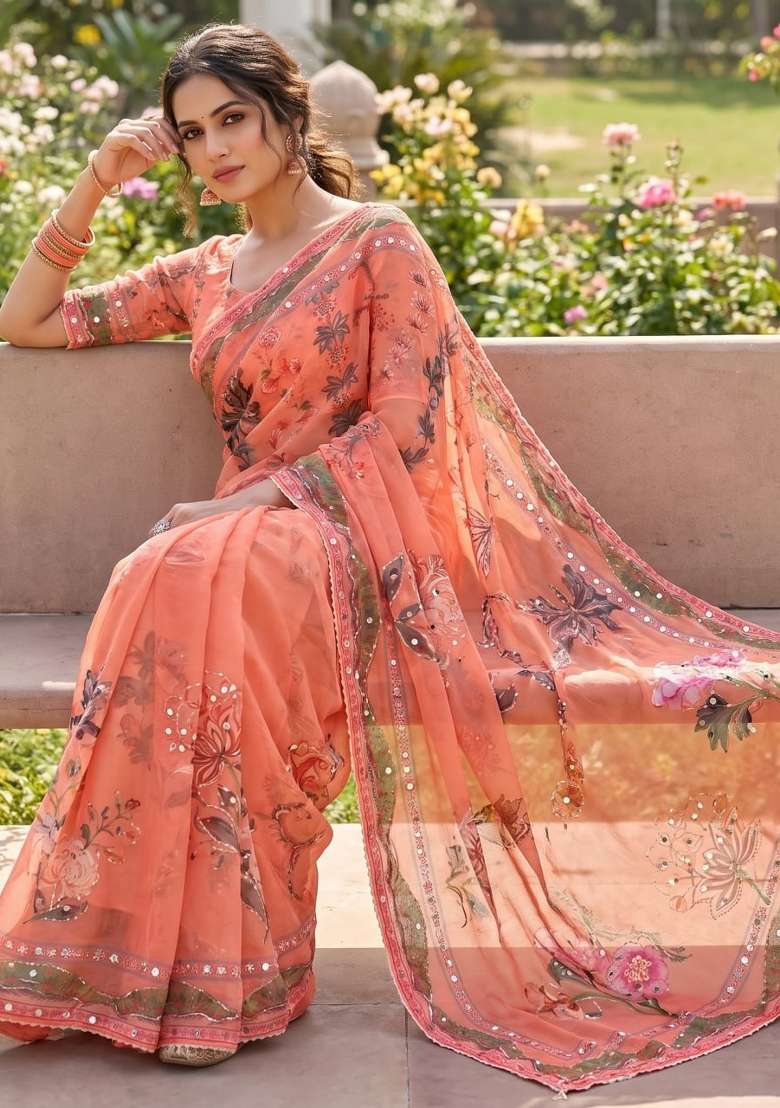 Orange Embroidered Silk Saree Set - Indya