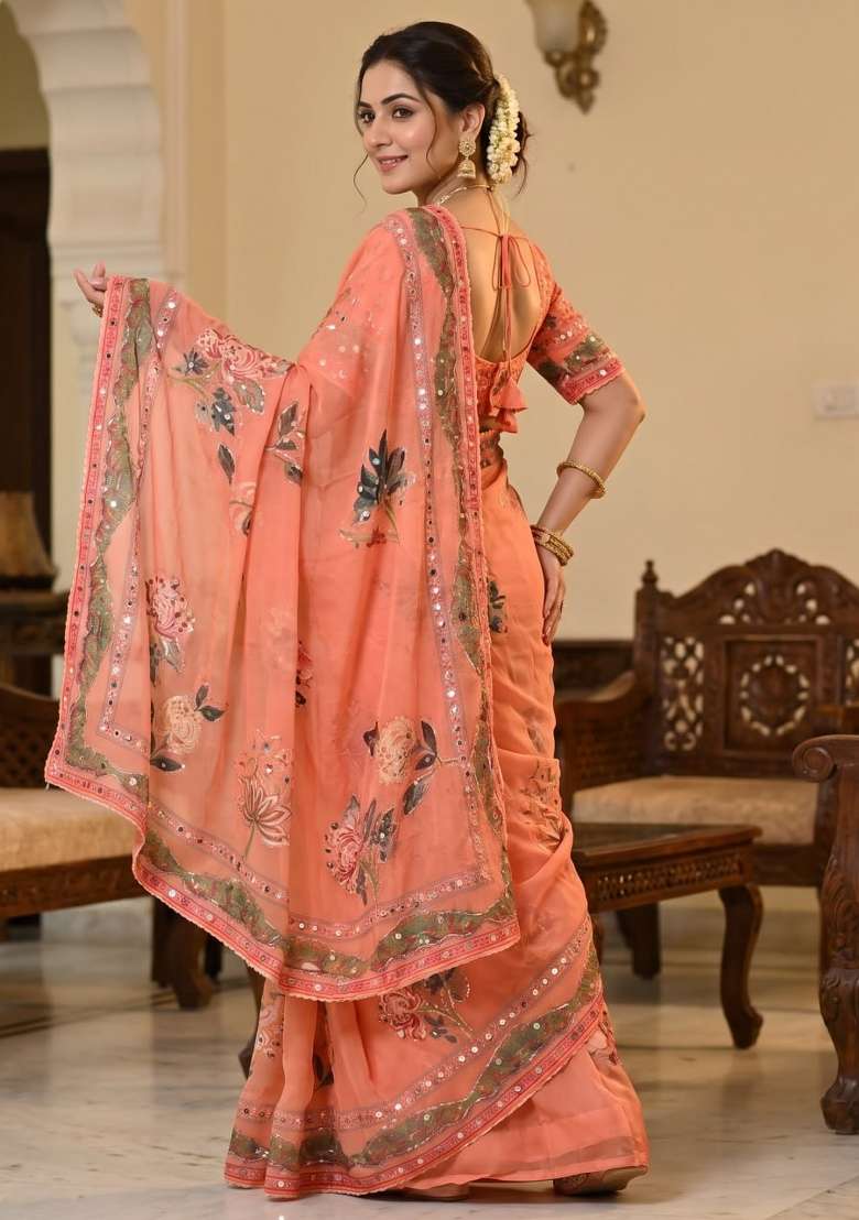 Orange Embroidered Silk Saree Set - Indya
