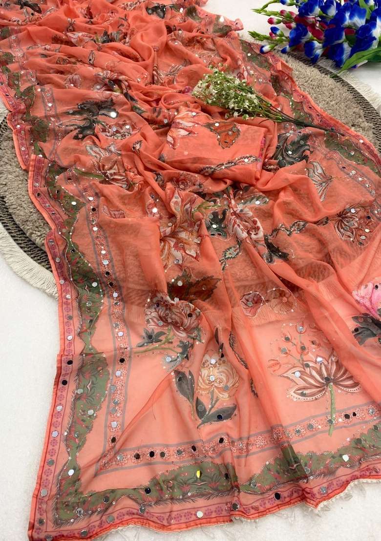 Orange Embroidered Silk Saree Set - Indya