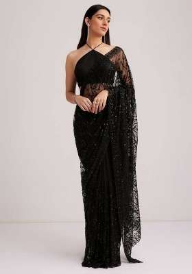 Black Embroidered Net Saree Set