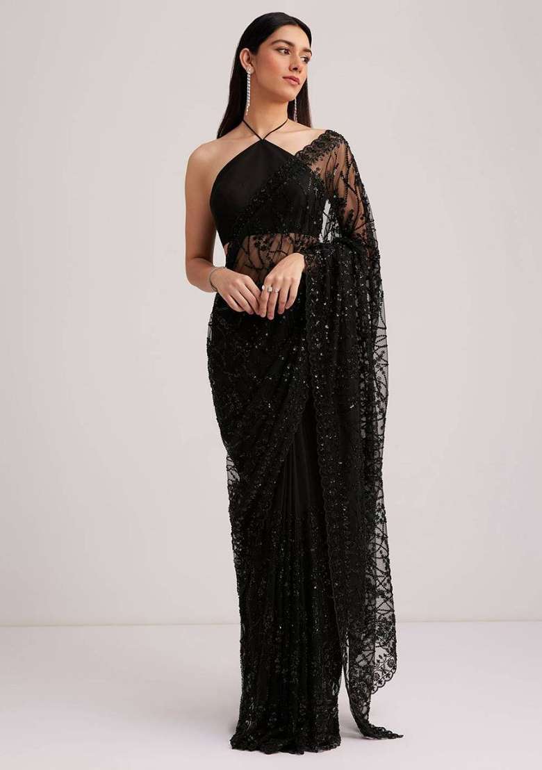 Black Embroidered Net Saree Set - Indya