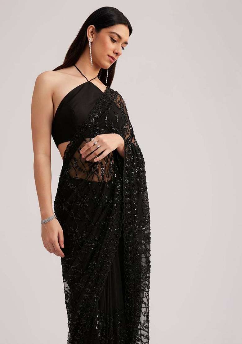 Black Embroidered Net Saree Set - Indya