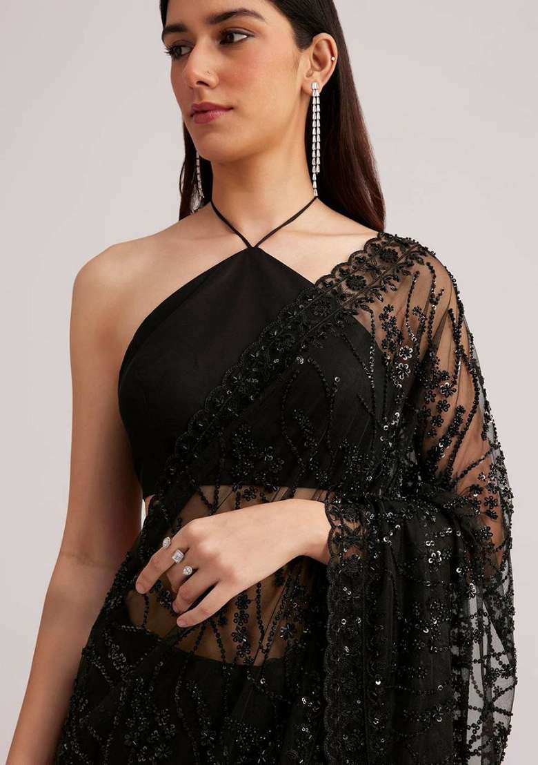 Black Embroidered Net Saree Set - Indya