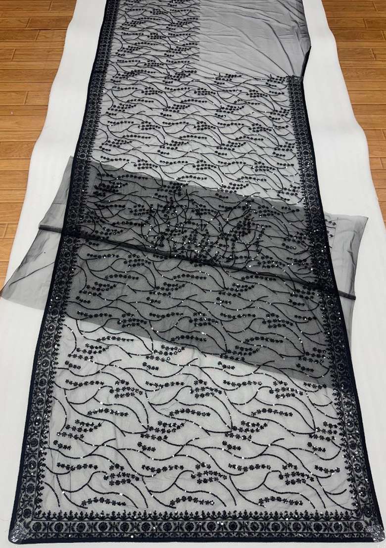 Black Embroidered Net Saree Set - Indya
