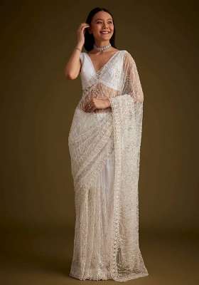 White Embroidered Net Saree Set