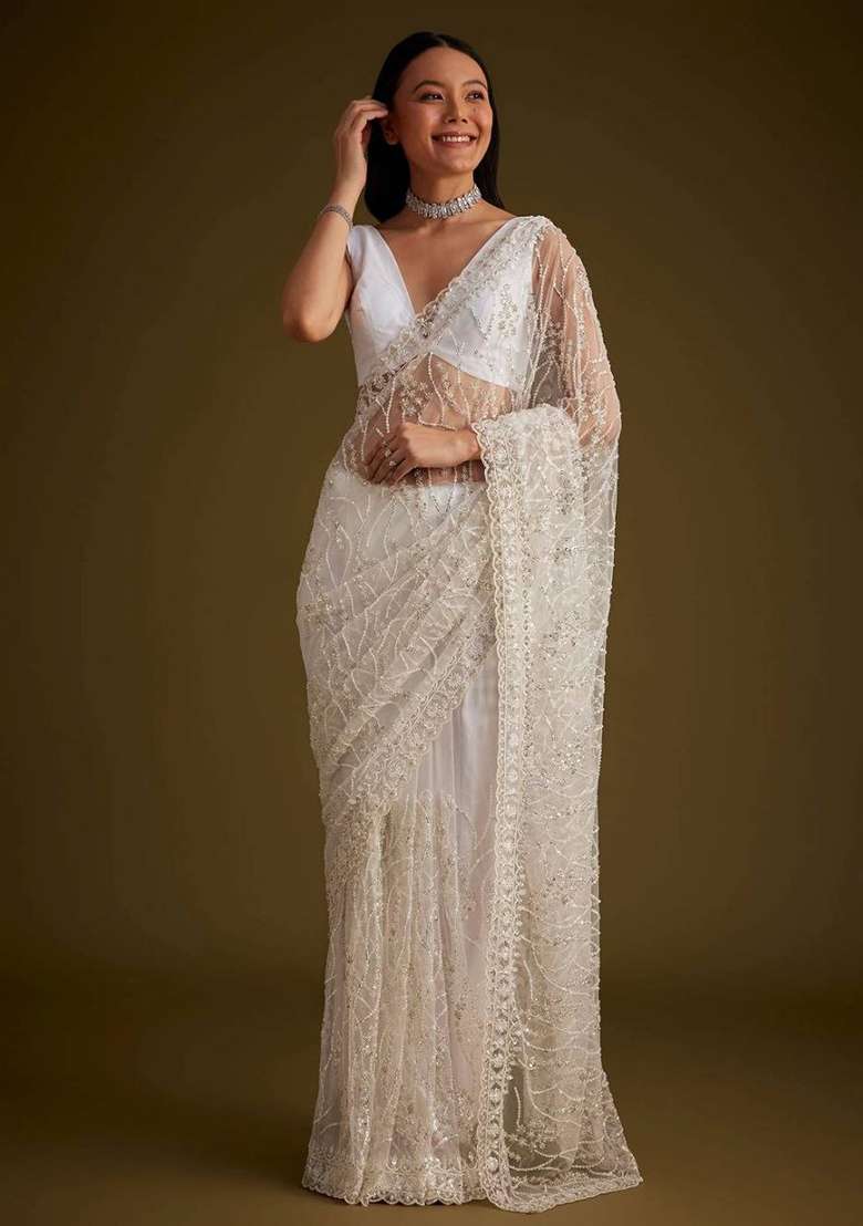 White Embroidered Net Saree Set - Indya