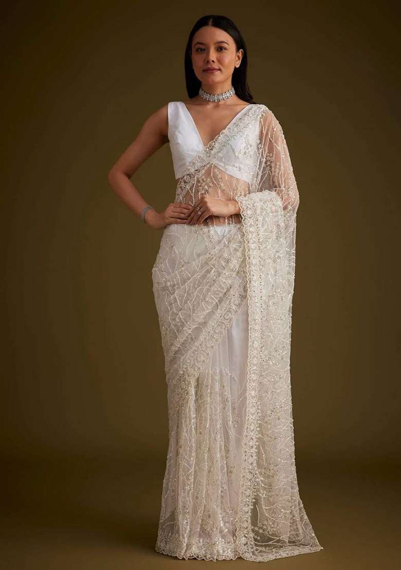 White Embroidered Net Saree Set - Indya