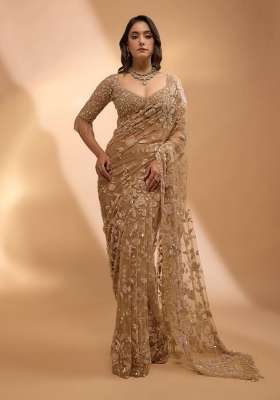 Golden Embroidered Net Saree Set