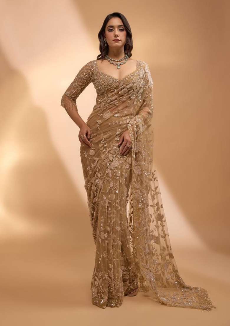 Golden Embroidered Net Saree Set - Indya