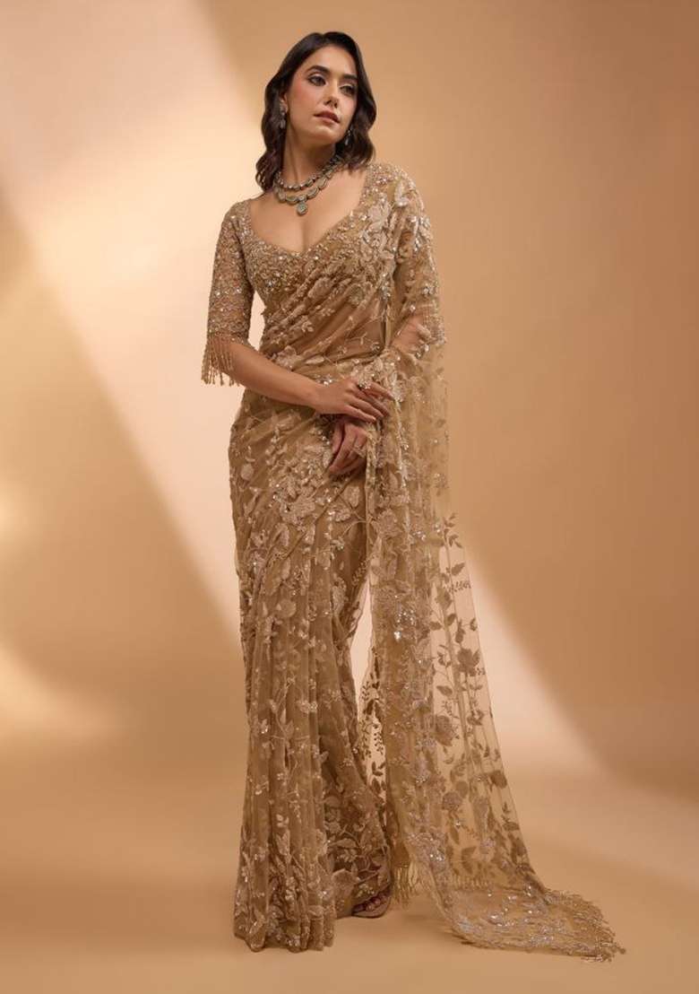 Golden Embroidered Net Saree Set - Indya