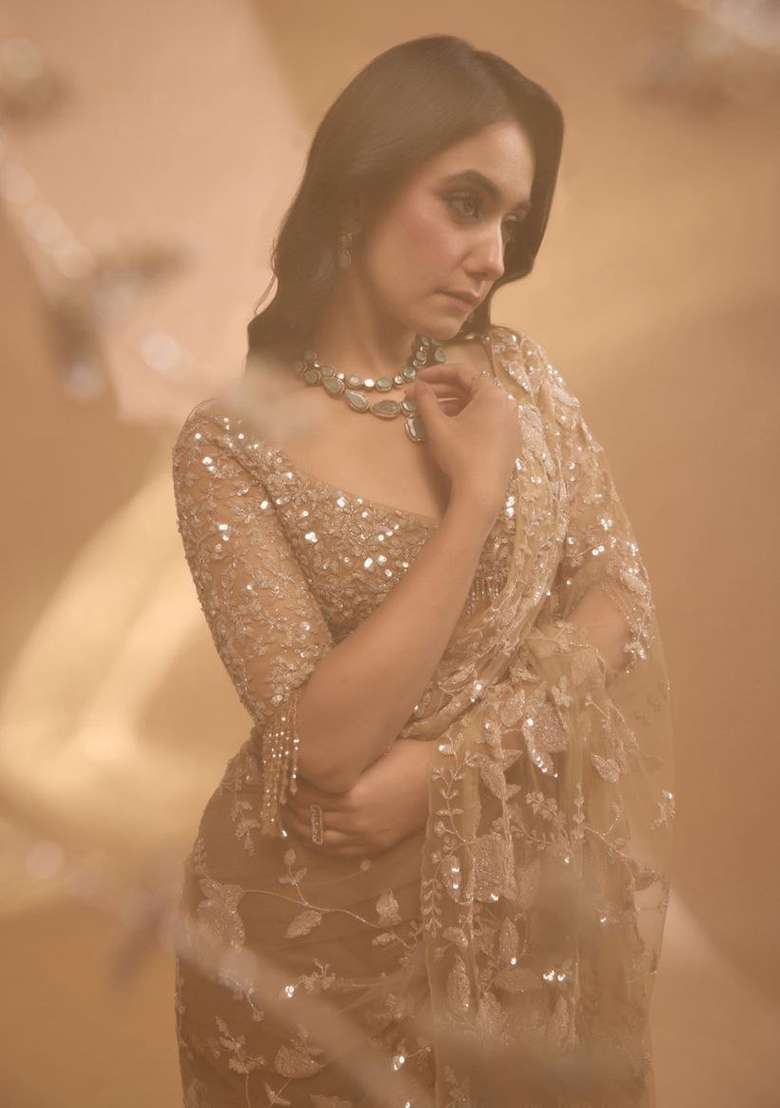 Golden Embroidered Net Saree Set - Indya