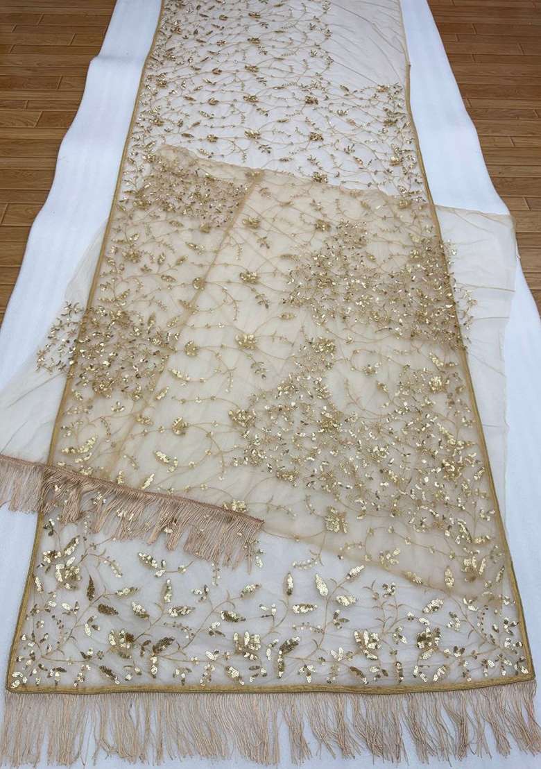 Golden Embroidered Net Saree Set - Indya
