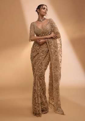 Golden Embroidered Net Saree Set