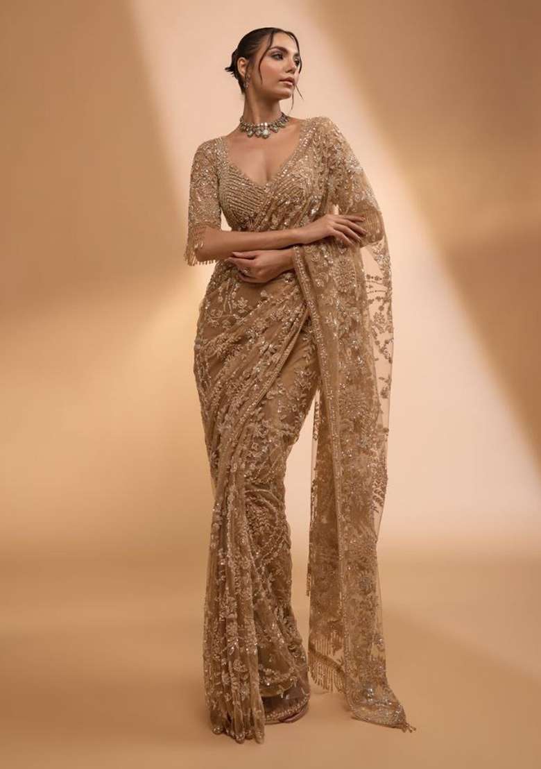 Golden Embroidered Net Saree Set - Indya