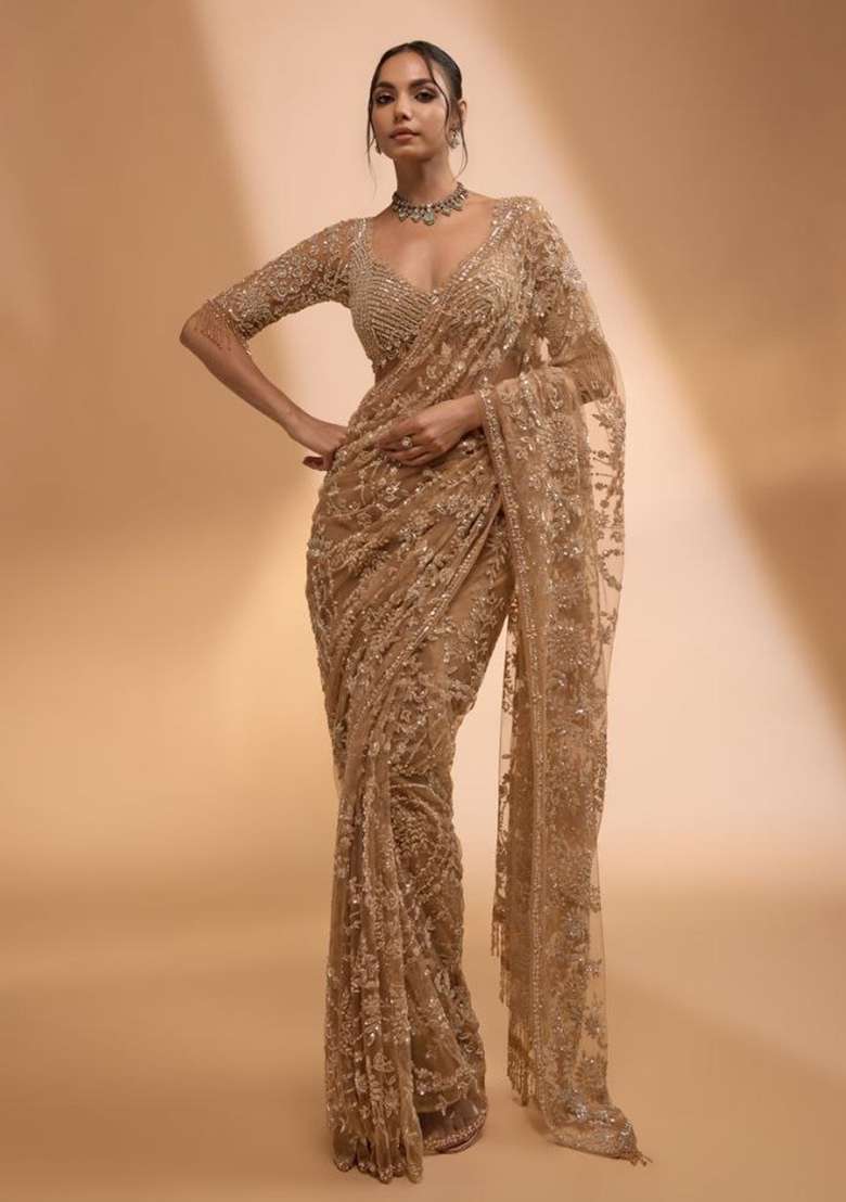 Golden Embroidered Net Saree Set - Indya