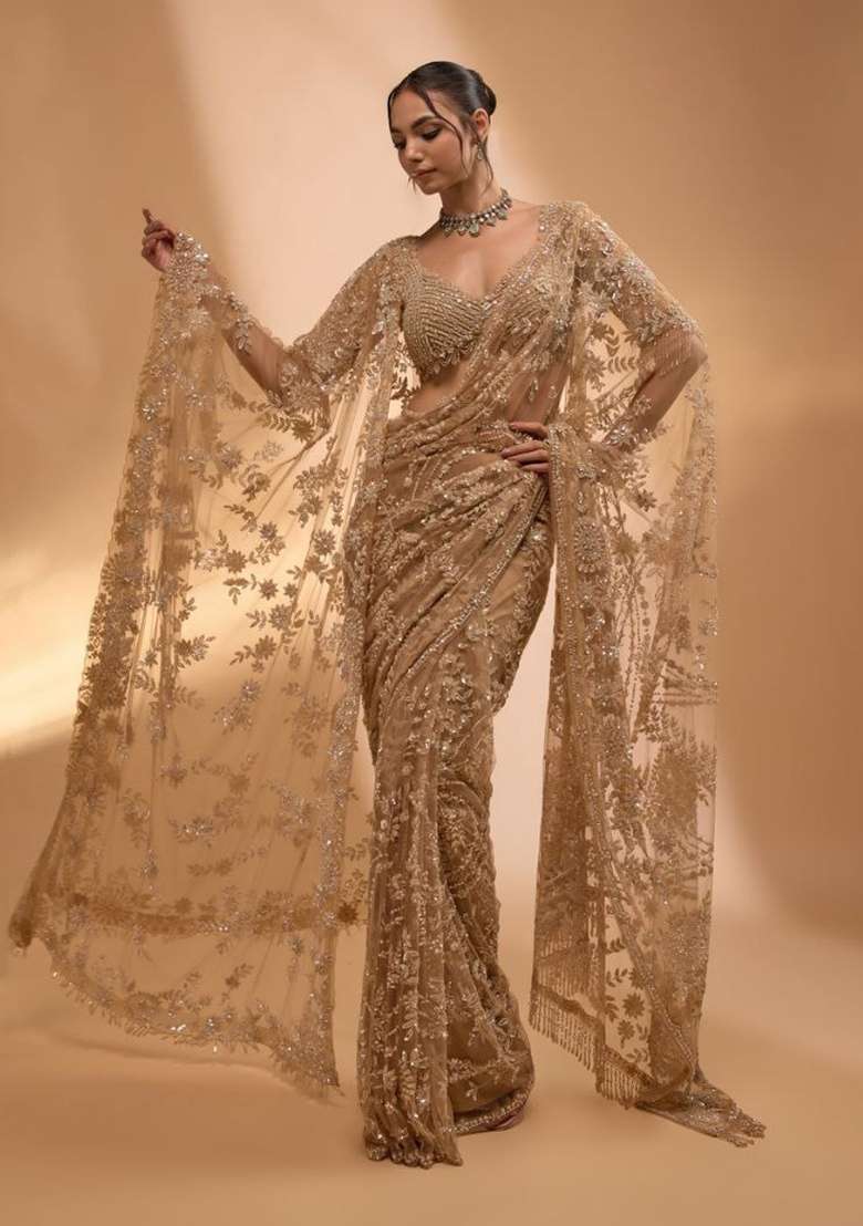 Golden Embroidered Net Saree Set - Indya