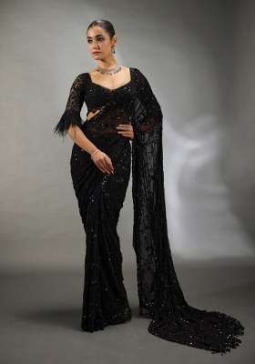 Obsidian Black Embroidered Georgette Saree Set