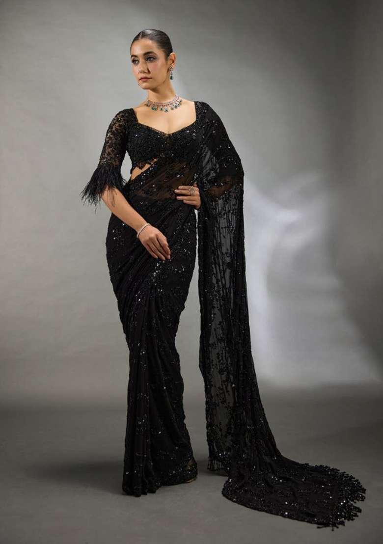 Obsidian Black Embroidered Georgette Saree Set - Indya