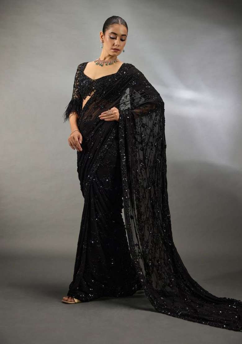 Obsidian Black Embroidered Georgette Saree Set - Indya