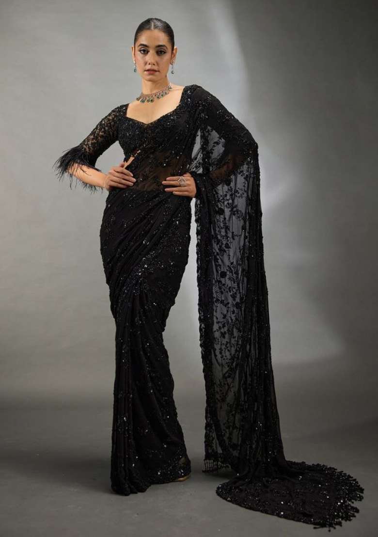 Obsidian Black Embroidered Georgette Saree Set - Indya