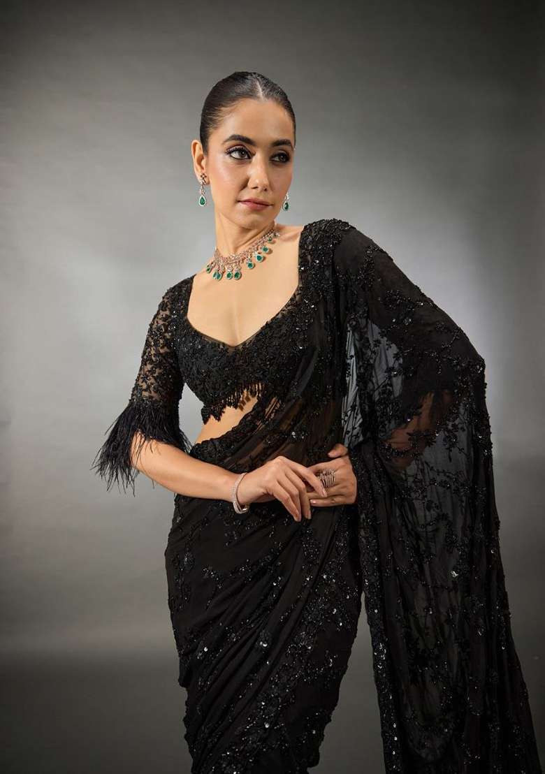 Obsidian Black Embroidered Georgette Saree Set - Indya
